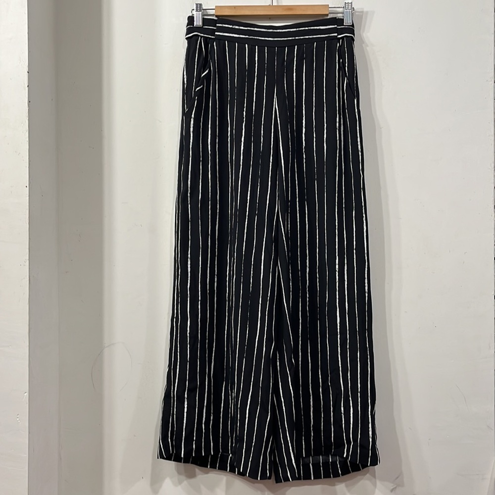 Wilfred Aritzia Faun Stripe Wide Leg Pant Tie Back Pull On Black/ White M - Picture 3 of 13